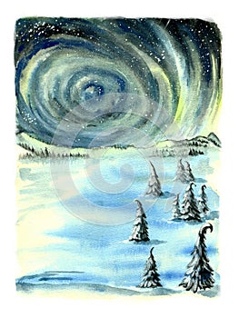 Night winter watercolor landscape. Northern Lights in winter in the night sky.