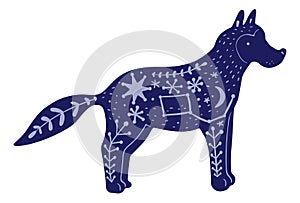 Night wolf. Dark forest animal with floral pattern