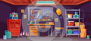 Night workshop interior in garage storage room