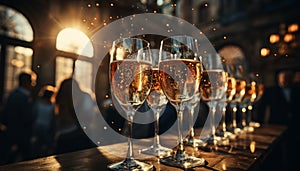 Nightclub celebration men and women toast with champagne outdoors generated by AI