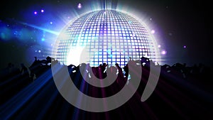 Nightclub with disco ball and dancing crowd