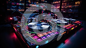 Nightclub DJ Setup, Controller Illuminated by Vibrant Neon Lights