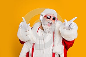 Nightclub invite on christmas party celebration funky crazy santa claus dj in white headset sing song sound melody