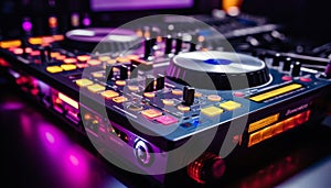 Nightclub mixing, nightlife party, turntable stage performance, illuminated disco dancing generated by AI