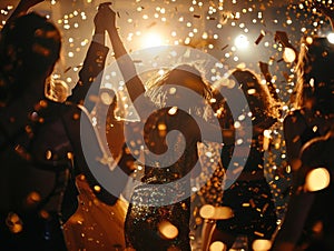 Nightclub party: friends toast, rejoice, and revel, surrounded by confetti and festivity photo