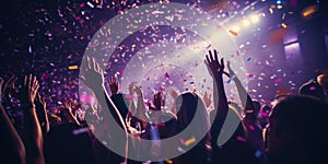 Nightclub Party Scene A Closeup Photo Of Many Partygoers Dancing With Purple Lights And Confetti Fly