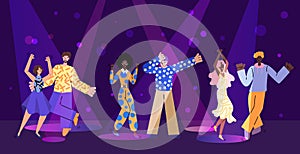 Nightclub party scene with people characters in sketch style vector illustration.