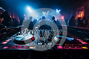 In the nightclub\'s heart, the DJ mixer table orchestrates the nocturnal symphony.