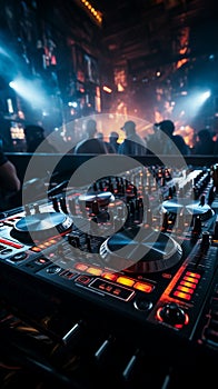 In the nightclub\'s heart, the DJ mixer table orchestrates the nocturnal symphony.