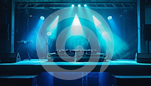 Nightclub stage illuminated with blue lighting, DJ mixing sound equipment