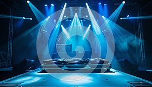 Nightclub stage illuminated with blue lighting, DJ mixing sound equipment