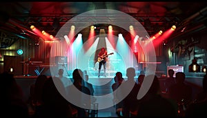 Nightclub stage illuminated with spotlight, musician performing to audience