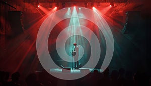 Nightclub stage illuminated with spotlight, musician performing to audience