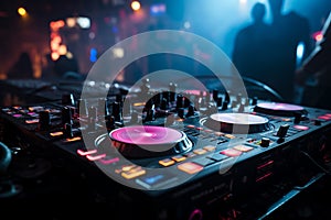 Nightclub vibes: DJ mixer table electrifies the background with pulsating beats.