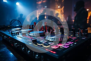 Nightclub vibes: DJ mixer table electrifies the background with pulsating beats.