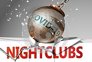 Nightclubs and coronavirus, symbolized by the virus destroying word Nightclubs to picture that covid-19  affects Nightclubs and