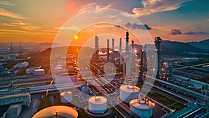 Nightfall over Urban Oil Refinery with City Skyline Silhouette and Dramatic Sunset Glow