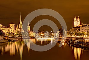 Nightime view along the Limmat river in Zurich, Switzerland