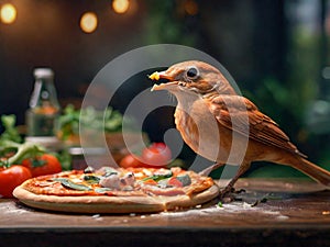 Nightingale sitting on pizza and eating