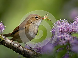 nightingale sucking pollen in the forest