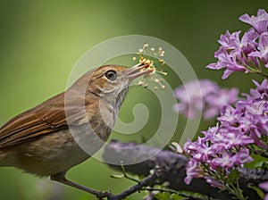 nightingale sucking pollen in the forest