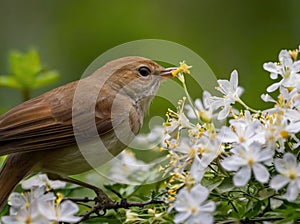 nightingale sucking pollen in the forest