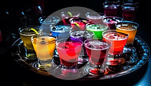 Nightlife celebration with multi colored cocktails, refreshing whiskey and tequila shots generated by AI