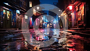 Nightlife in the city wet streets, illuminated buildings, vibrant cultures generated by AI