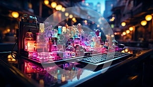 Nightlife illuminated by multi colored lighting equipment in a cityscape bar generated by AI