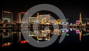 Nightlife illuminates modern casino skyline, reflecting multi colored cityscape architecture generated by AI