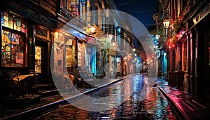 Nightlife in the old city illuminated buildings, narrow streets, historic lanterns generated by AI