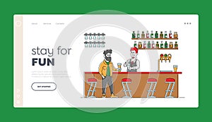 Nightlife Sparetime Leisure Landing Page Template. Young Man Sitting in Pub Ordering Alcohol Drink