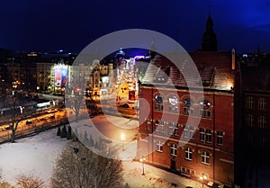 Nightly air view panorama of Katowice in the winter, Poland. Eur