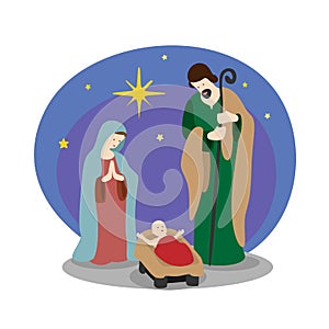 Nightly christmas scenery mary and joseph in a manger with baby Jesus and star light in night time , Simple charector style vector