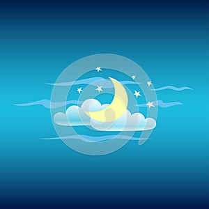 Nightly sky. Moon, clouds and star. Vector