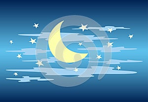 Nightly sky. Moon, clouds and star. Vector