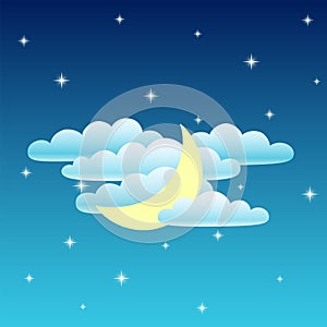 Nightly sky. Moon, clouds and star. Vector