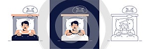 Nightmare disorder vector illustration set. Frightened man character has a bad dream, is scared of monster from a