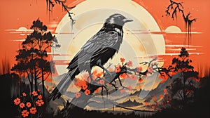 Nightmarish Crow On Branch: Bold Lithographic 2d Game Art photo