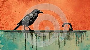 Nightmarish Crow On Sink: Figurative Colorist Illustration