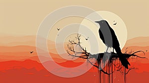 Nightmarish Illustration Of A Black Bird Perched In A Red Sky