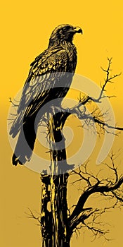 Nightmarish Illustration Of A Black Bird Perched On A Tree