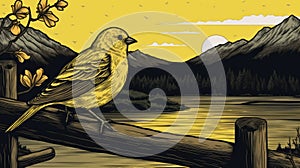 Nightmarish Yellow Bird Perched By A Mountain Stream In Woodcut-inspired Style