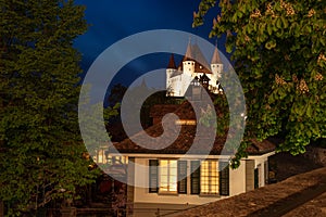 Nightscape of Thun Castle in the city of Thun, Bernese Oberland, Switzerland