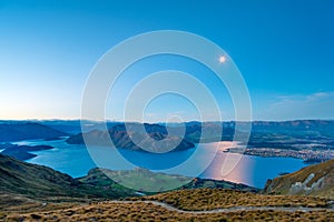 Nightscape View of Wanaka lake. View from Roys peak track. Full moon night. I