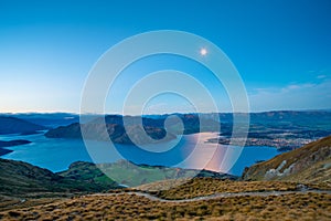 Nightscape View of Wanaka lake. View from Roys peak track. Full moon night. I