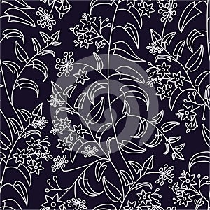 Nightshade. Floral decorative pattern. Seamless pattern of light outline on dark background