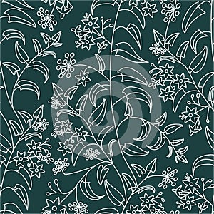 Nightshade. Floral decorative pattern. Seamless pattern of light outline on a green background