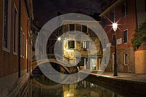 Nightshot of a Canal in the San Polo District in Venice