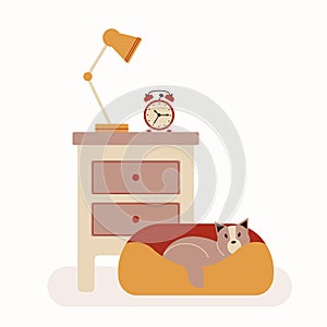 Nightstand with lamp and clock in flat style. Dog bed. Vector illustration of bedside table isolated on white background